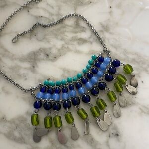 Blue Green Bead Silver Necklace.